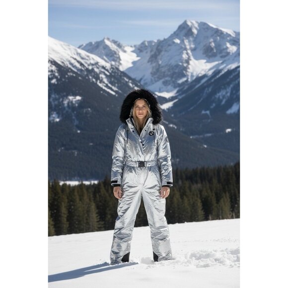 Tipsy Elves Ski Snow Suit Womens Size Large Silver Bullet Black Faux Fur Trim